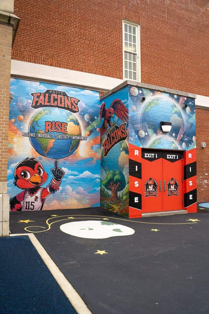 Exterior PS115 Falcons RISE mascot mural and branded entrance doors