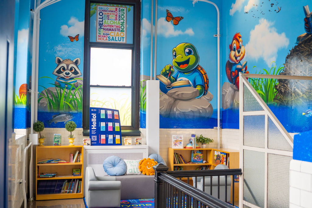 Illustrated stairwell environment with reading themes